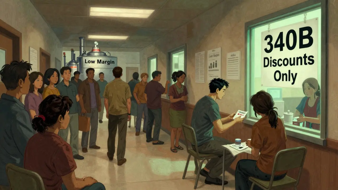 Patients receive discounted drugs at a 340B clinic while others watch from outside, illustrating unequal access to affordable generics.