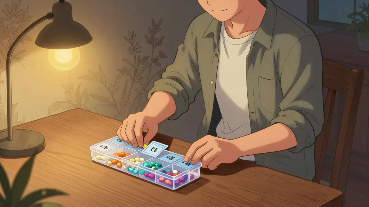 Peaceful person organizing supplements at dinner table