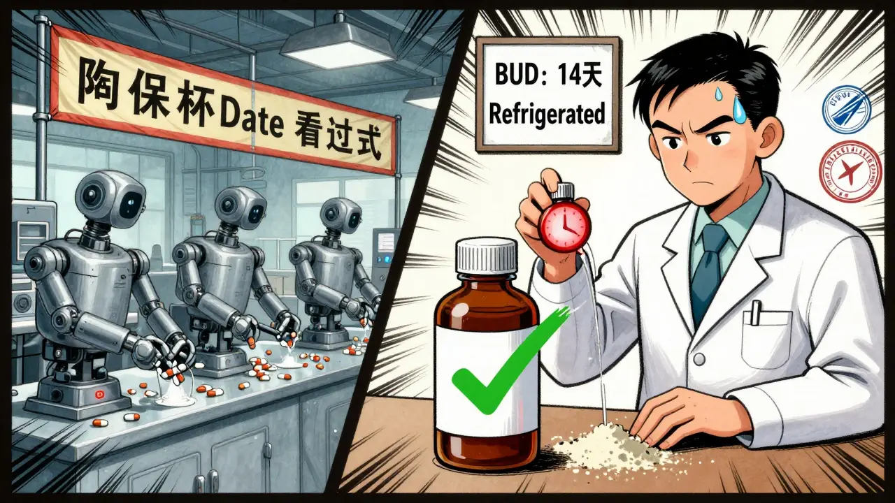 Split illustration: factory producing pills vs. pharmacist compounding medication with a countdown clock for beyond-use date.