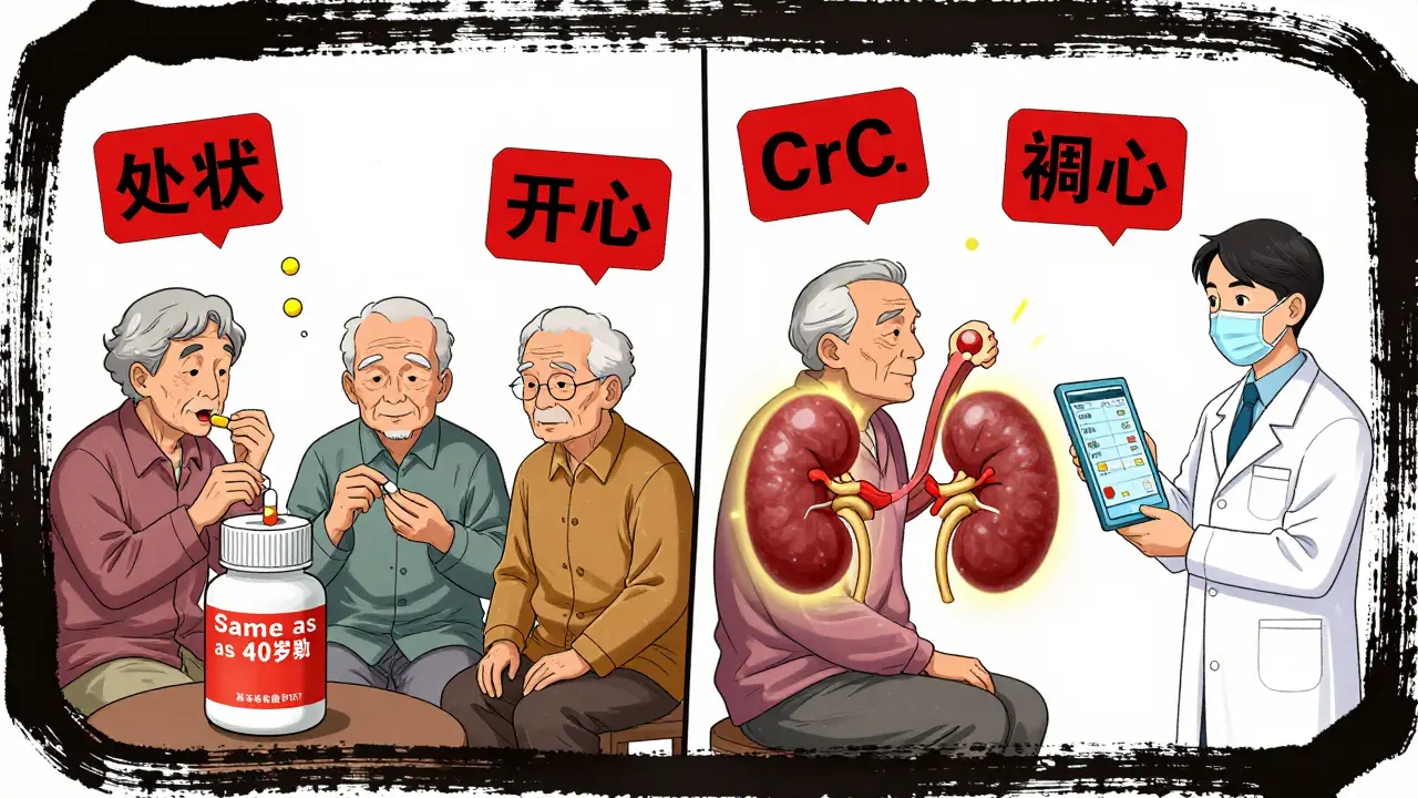 Split scene: elderly taking same doses vs. pharmacists adjusting doses with digital CrCl readings, red warning signs above pills.