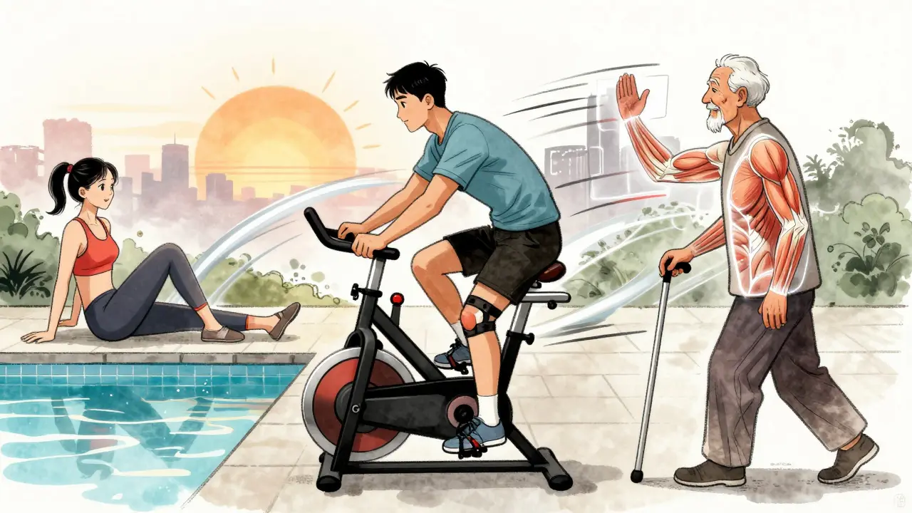 Three people engaging in knee-friendly exercises: leg lifts, cycling, and walking.