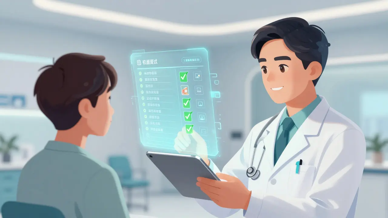 A clinician using a holographic tablet to check drug interactions in a futuristic manhua style.