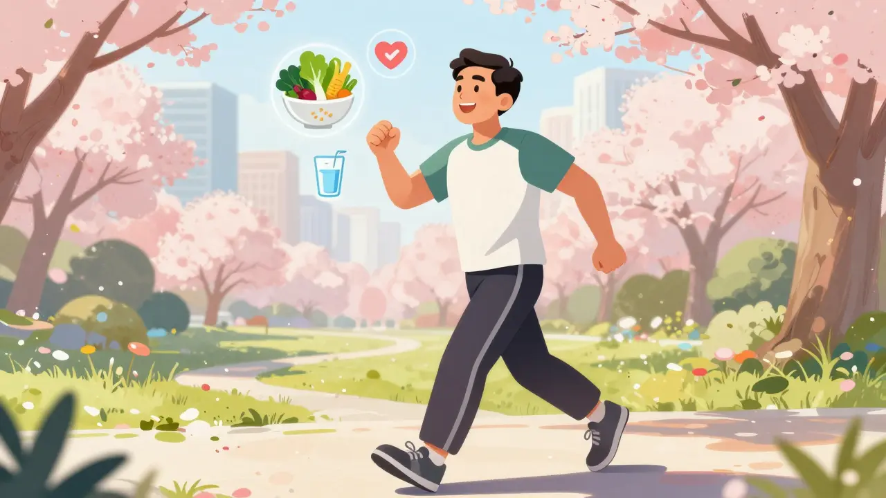 A man walking in a park with icons representing a healthy diet and heart health.