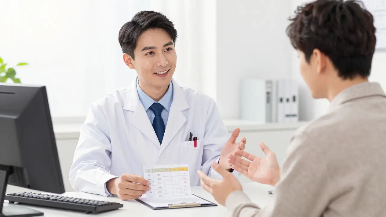 A patient and doctor discuss affordable generic medicine options in a clinical setting.