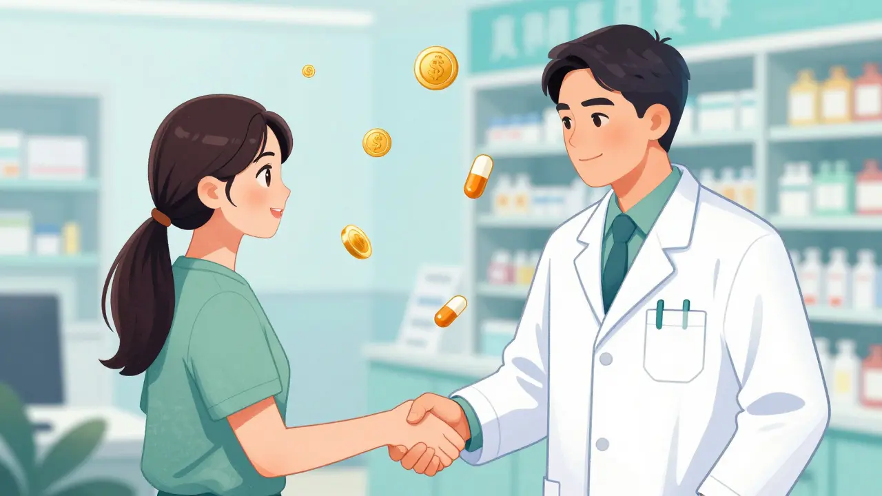 A patient and pharmacist agree on a cost-saving generic medication alternative.