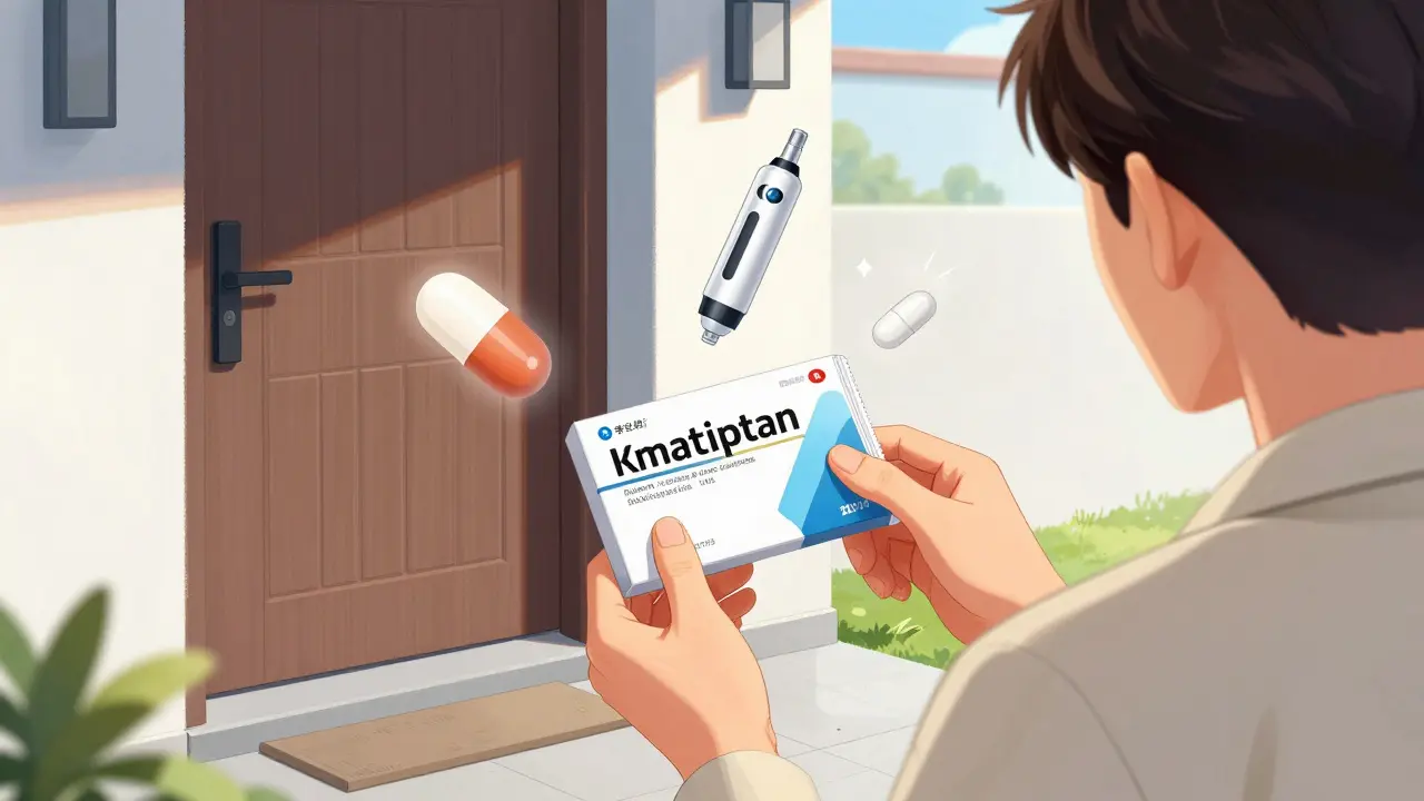 Delivery of a medical package and medication icons at a home doorstep in manhua style.