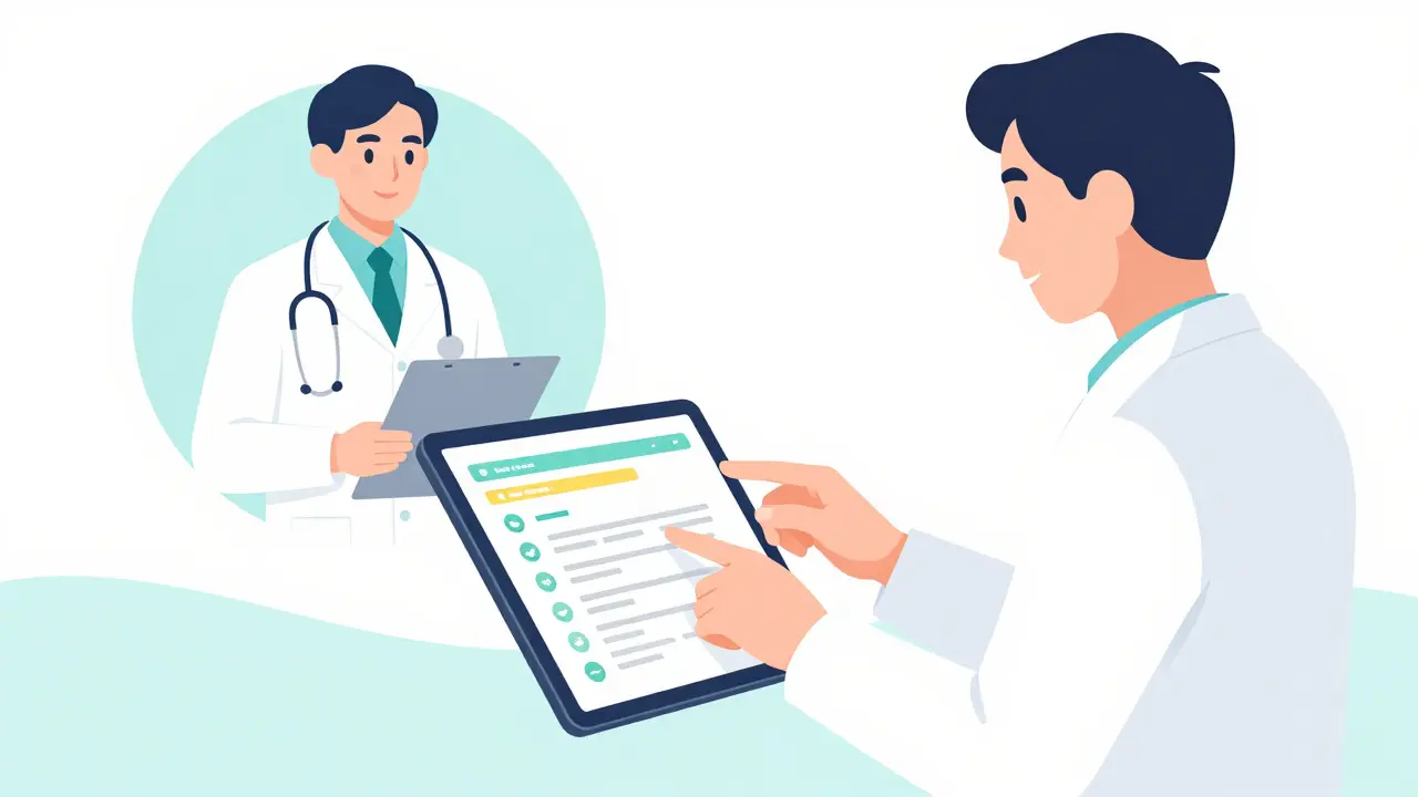 Digital telehealth consultation and medical questionnaire on a tablet in manhua style.