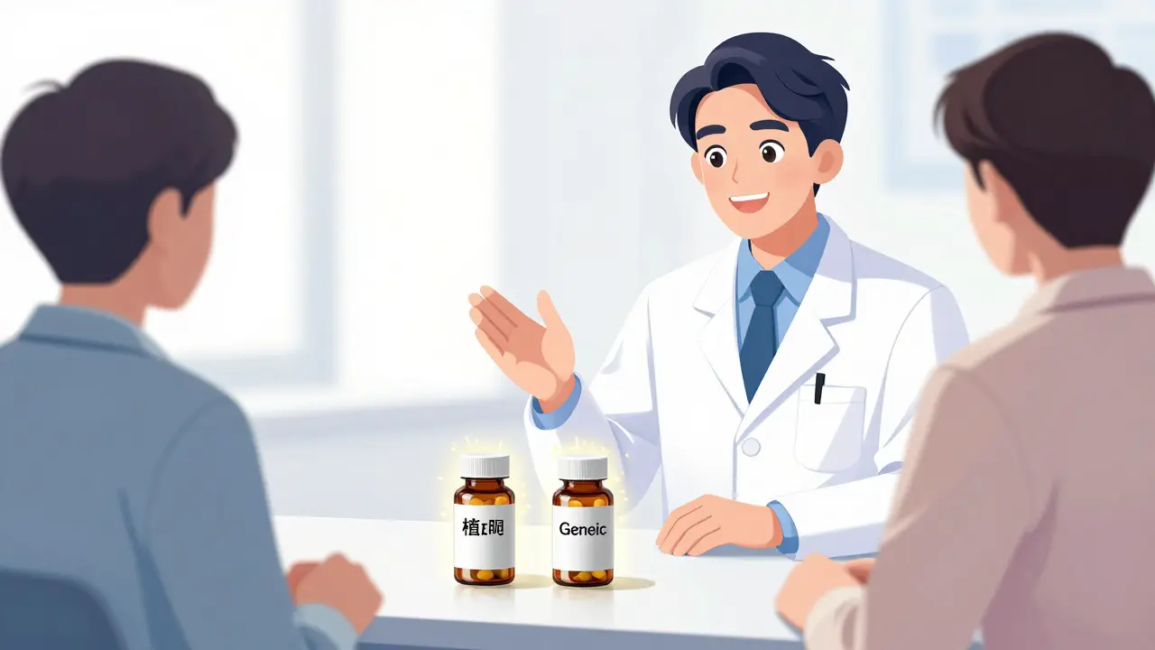 Doctor explaining the equality of brand and generic medication to a patient