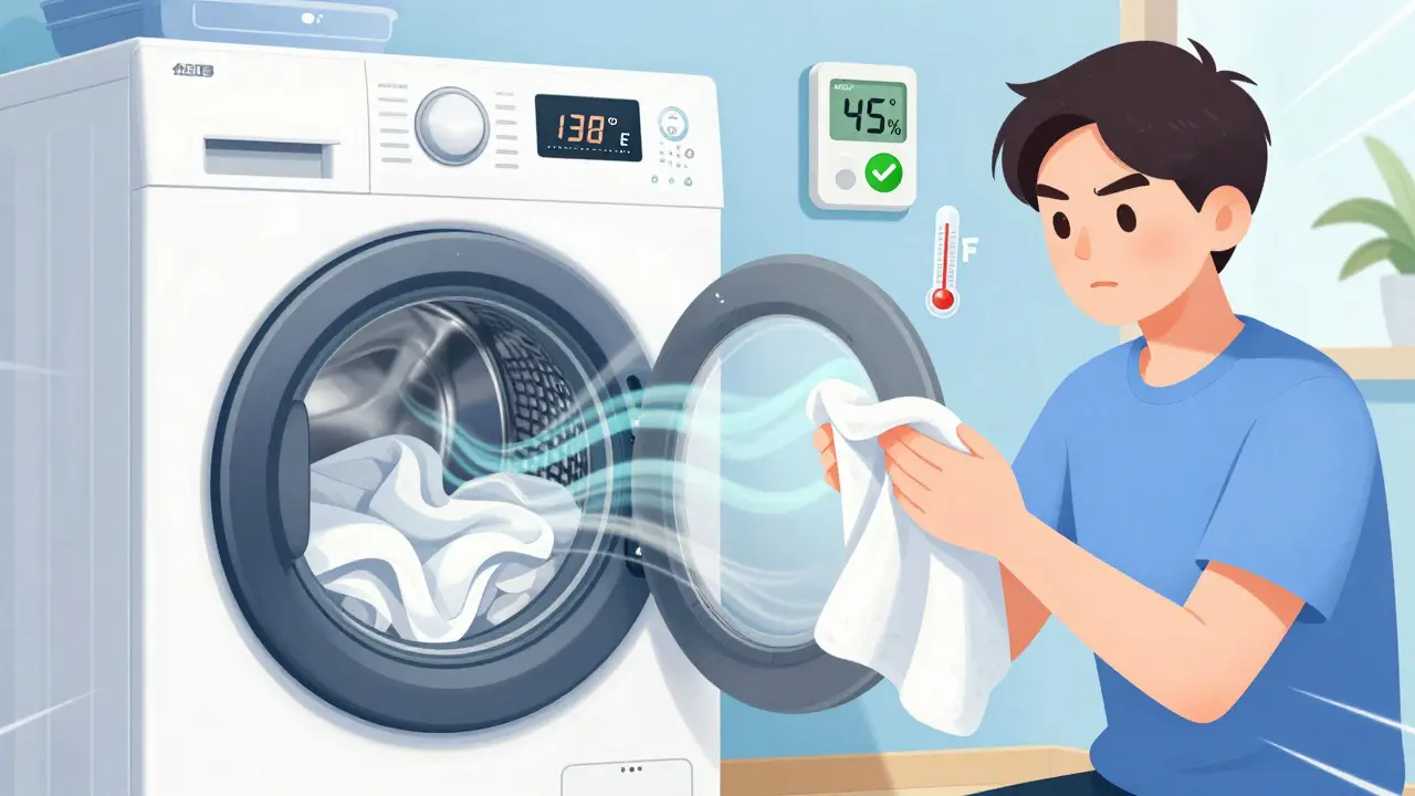 Hot water laundry washing sheets with humidity monitor nearby