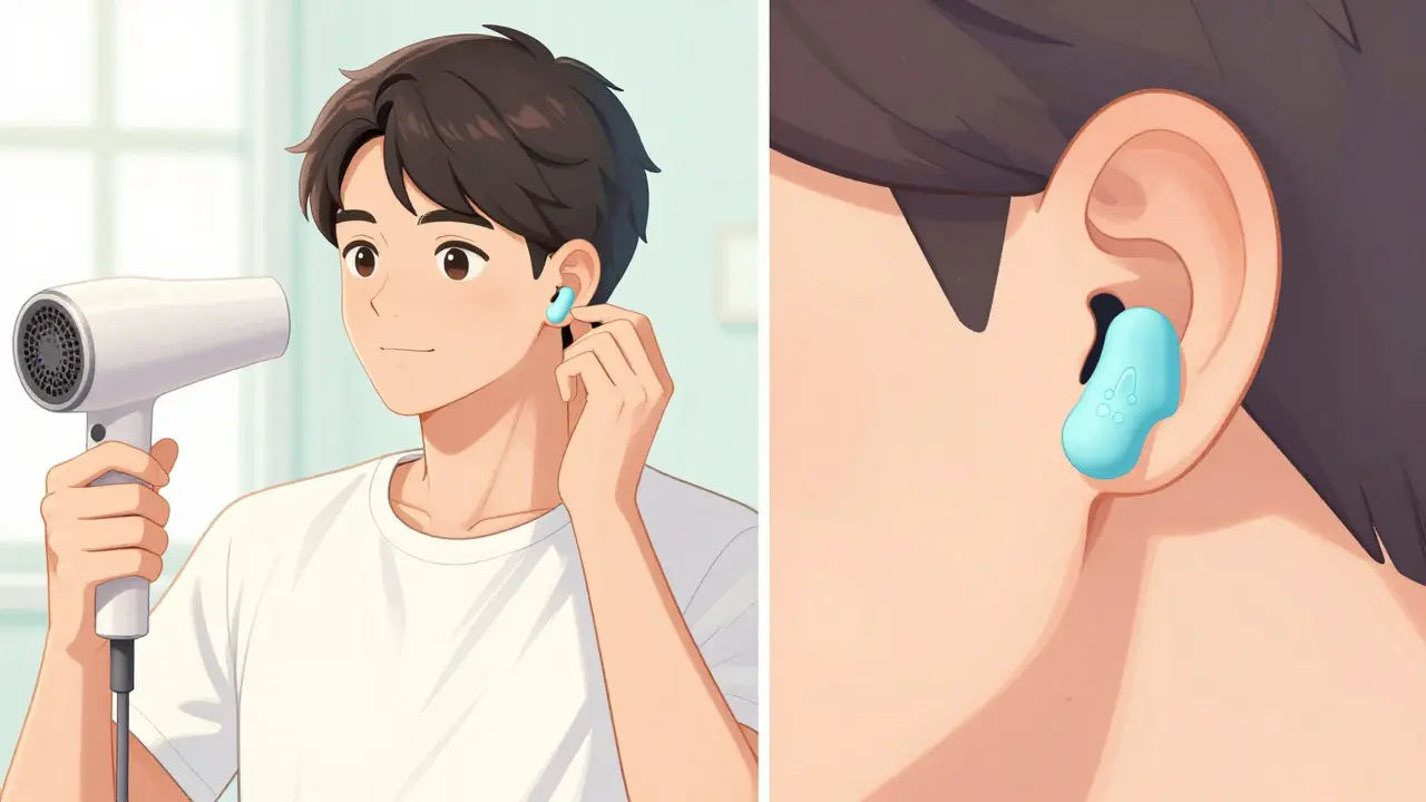 Manhua depiction of using a hairdryer and silicone earplugs for ear care