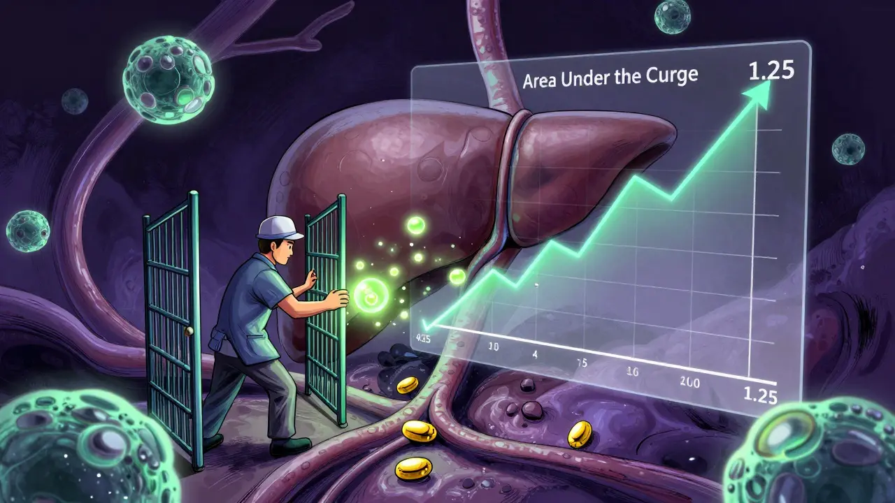 Manhua illustration of a CYP enzyme and an AUC graph showing drug exposure levels.