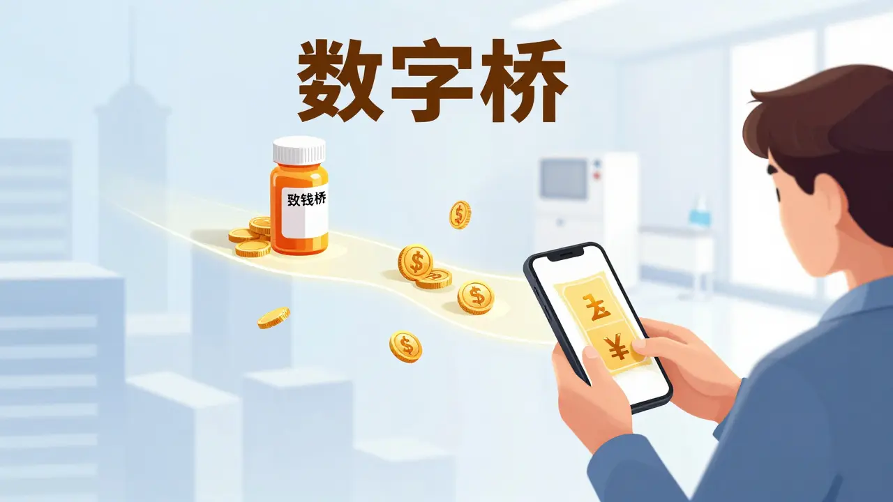 Manhua illustration of a man using a phone to find medication discounts.