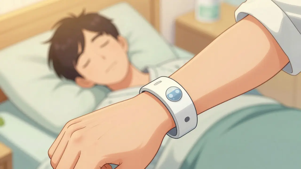 Manhua style close-up of a medical alert bracelet and a recovering person
