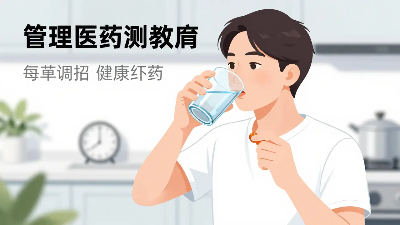 Manhua style illustration of a person drinking water and using a lozenge to manage side effects
