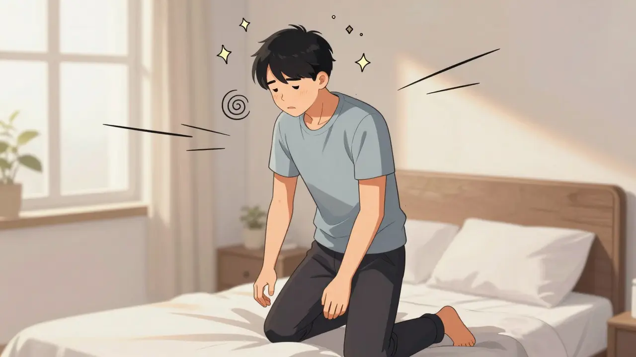 Manhua style illustration of a person feeling dizzy while standing up from bed