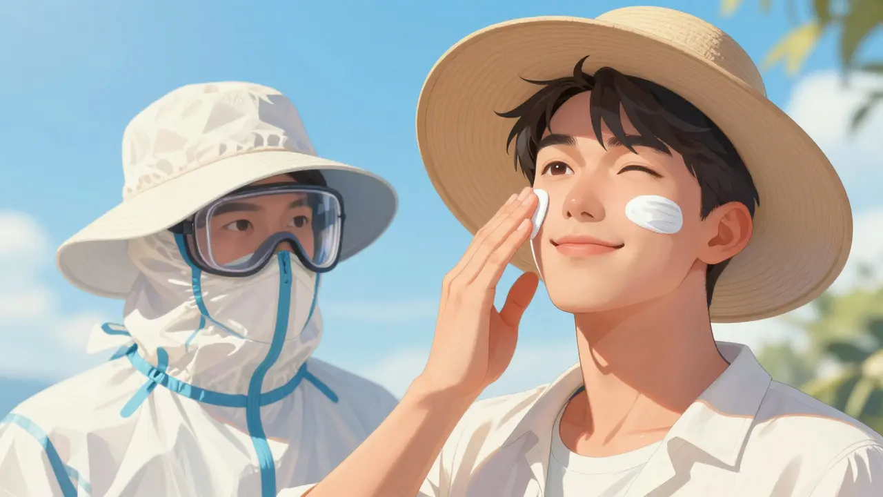 Person applying sunscreen for skin protection from UV rays.