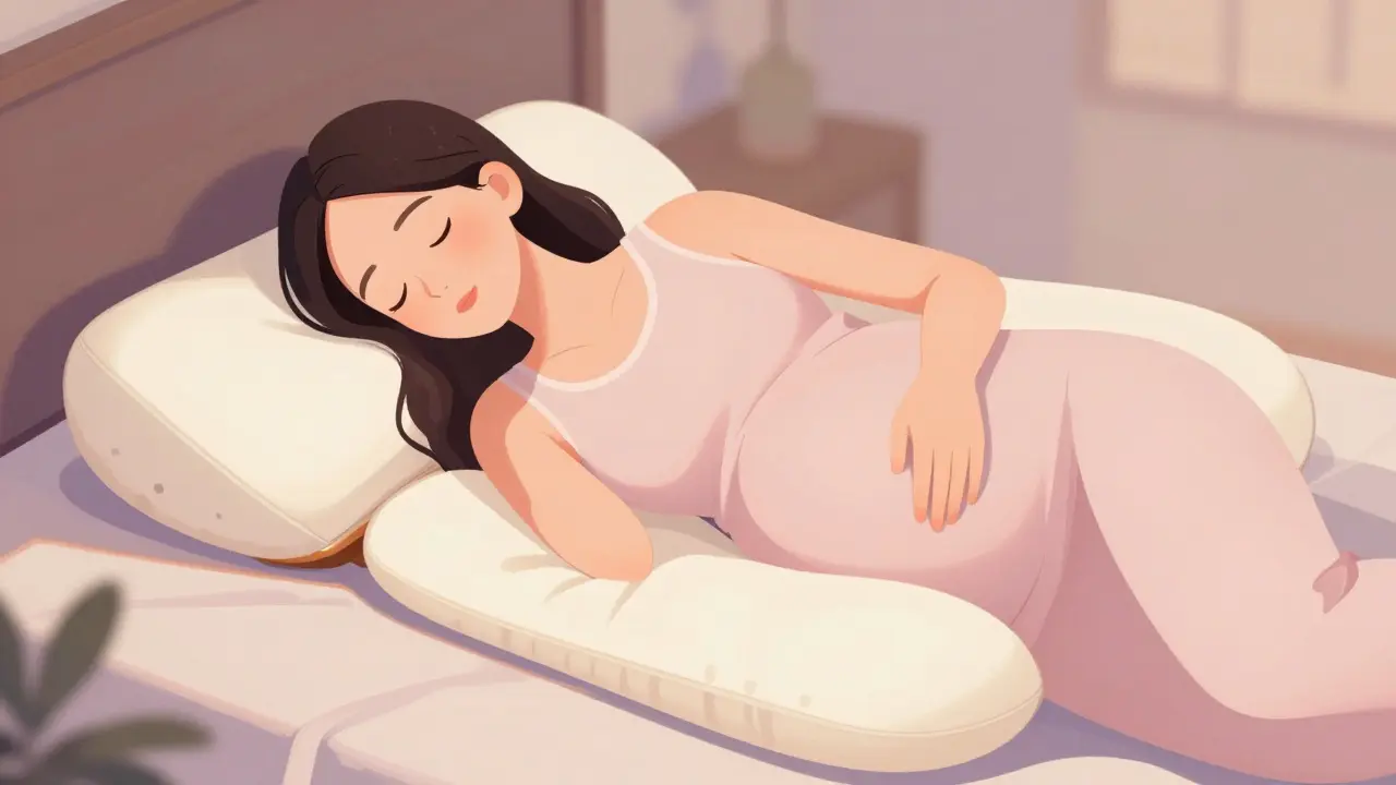 Pregnant woman sleeping on her left side with a pregnancy pillow and wedge pillow