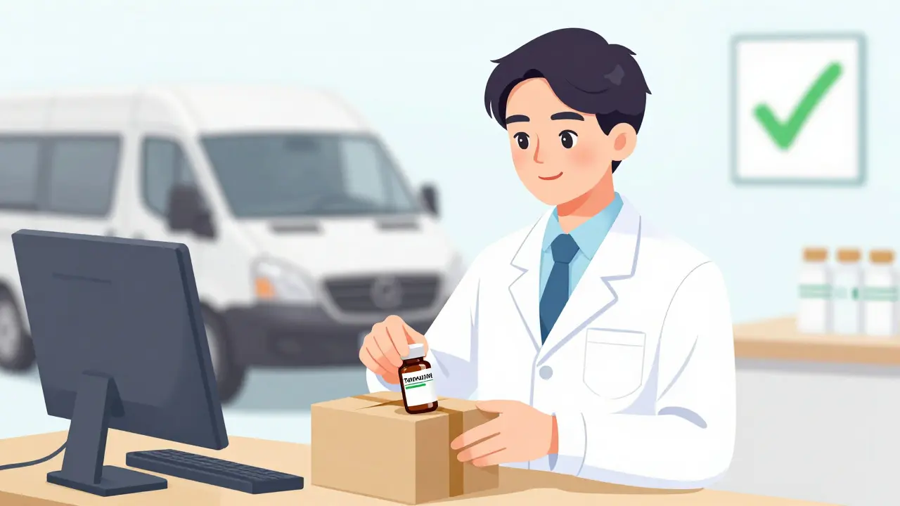 Professional pharmacist preparing a generic medication shipment