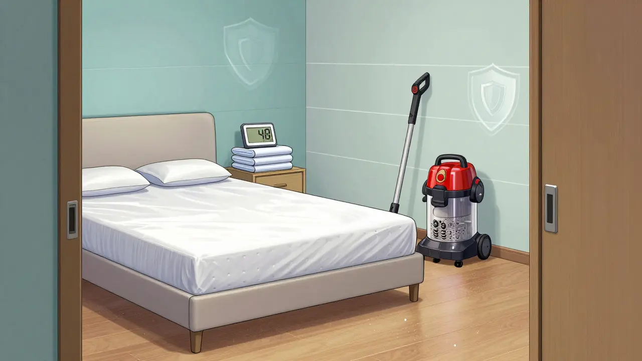 Protected bedroom with mattress encasement and allergy prevention tools