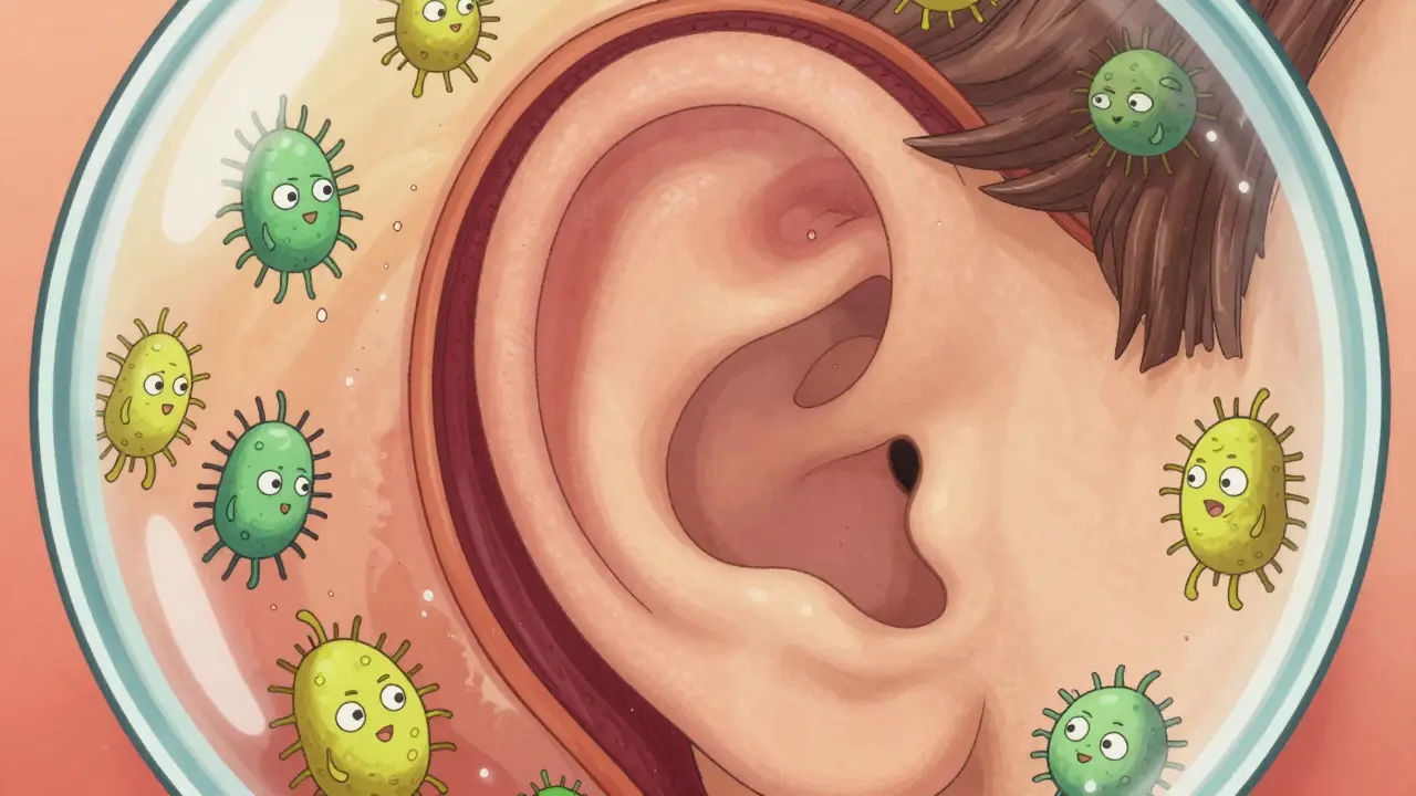 Stylized manhua illustration of bacteria inside a swollen ear canal