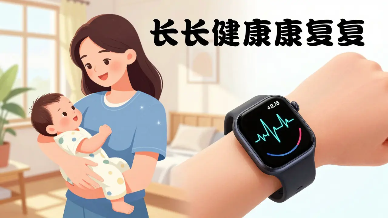 Woman holding her newborn baby with a smartwatch monitoring her health