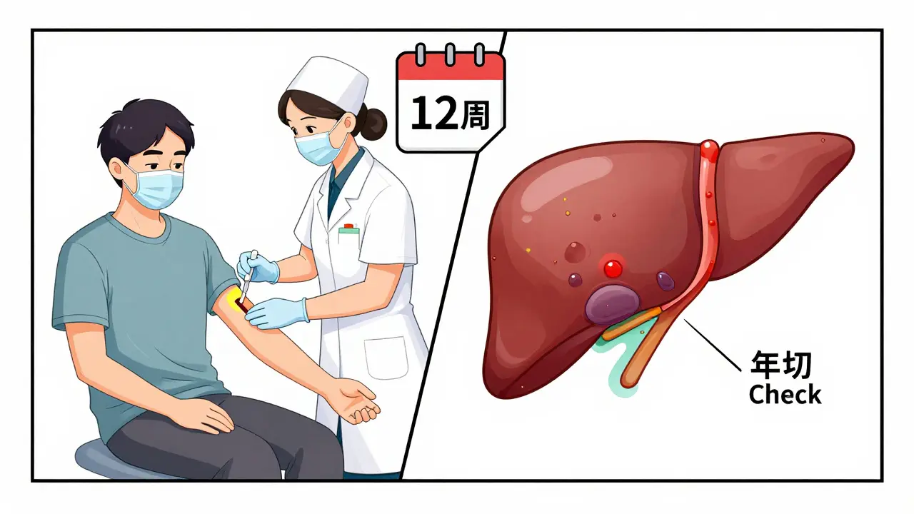 Art depicting simple blood tests and healing liver cells during treatment.