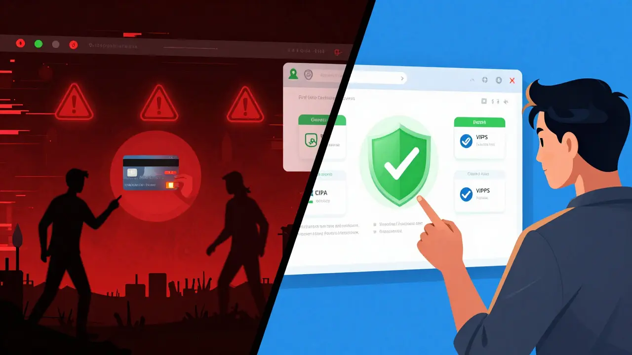 Cartoon comparison of shady vs safe online pharmacy websites