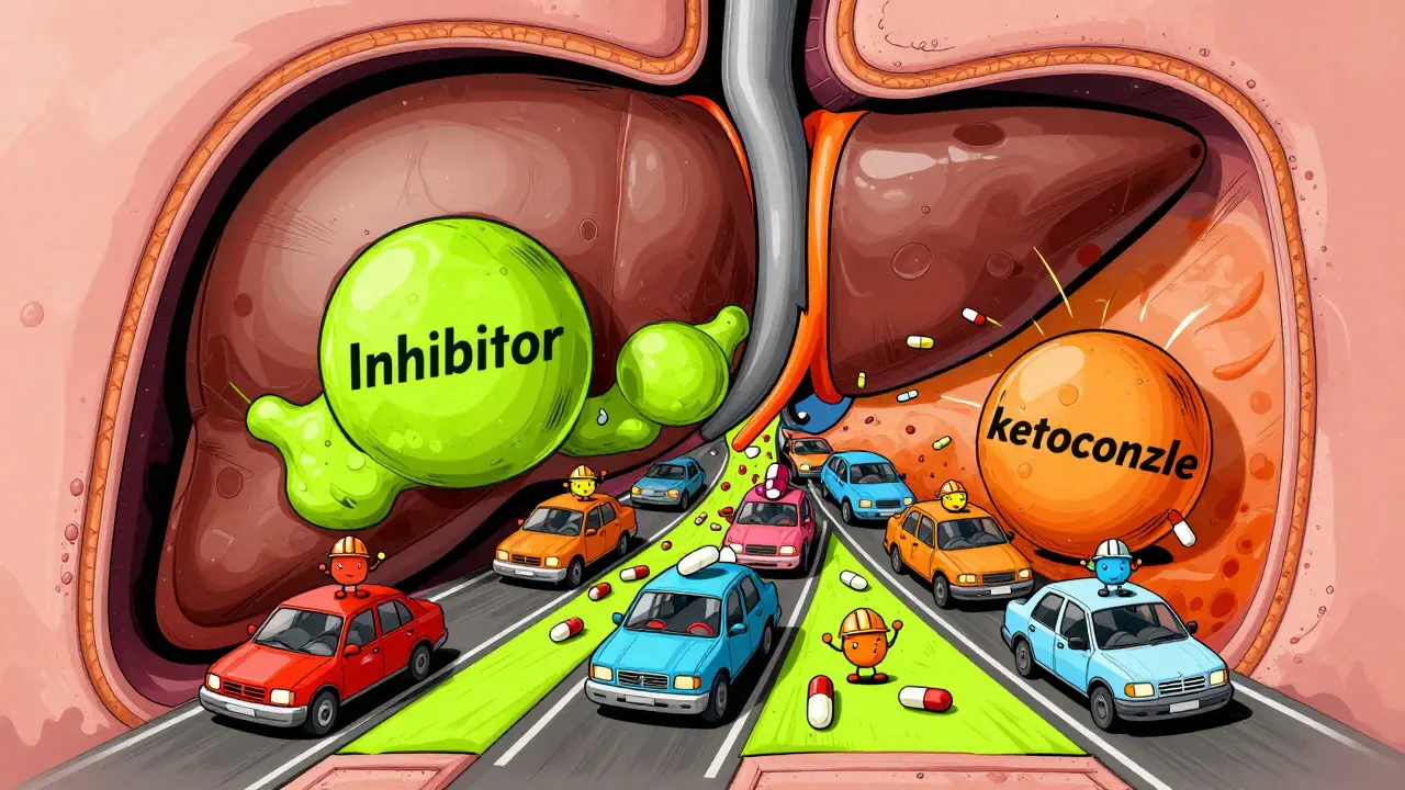 Cartoon liver enzymes acting as traffic controllers blocking drug flow in a jam.