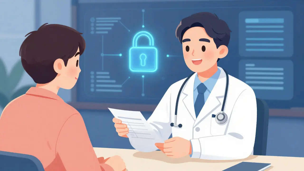 Doctor handing prescription to patient securely