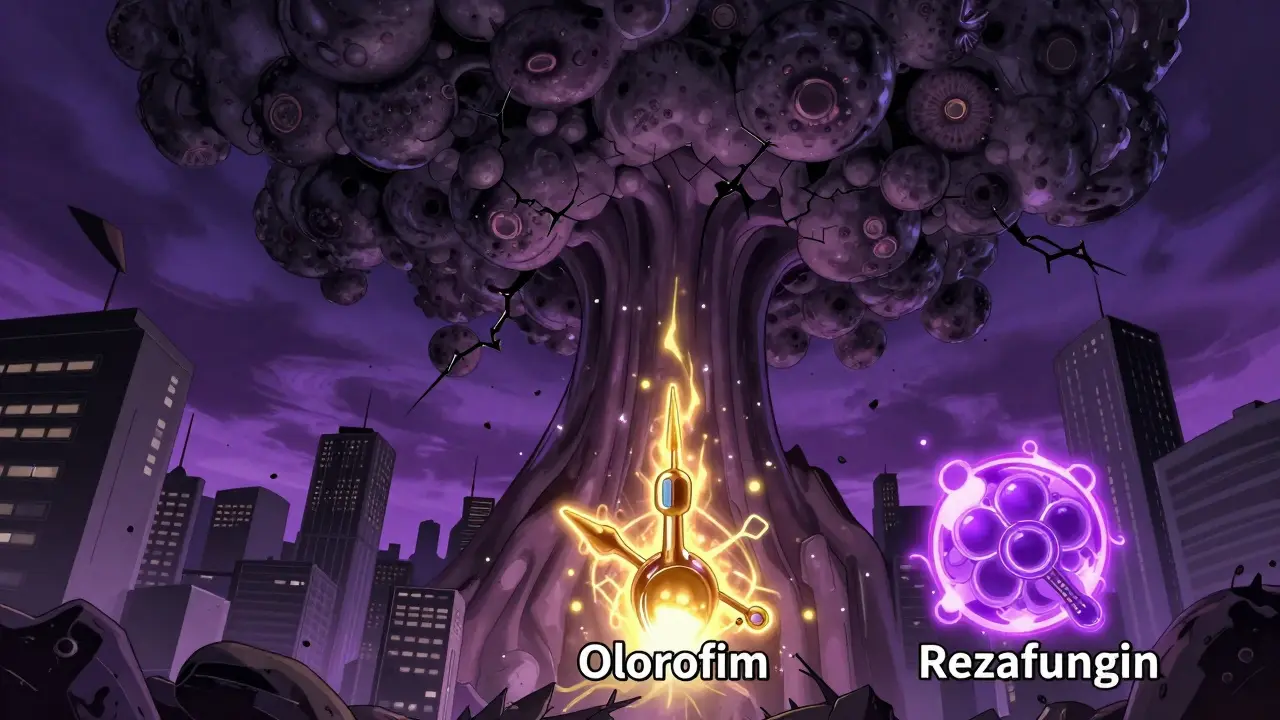 Futuristic weapons emerging to fight resistant fungal clouds in manhua style