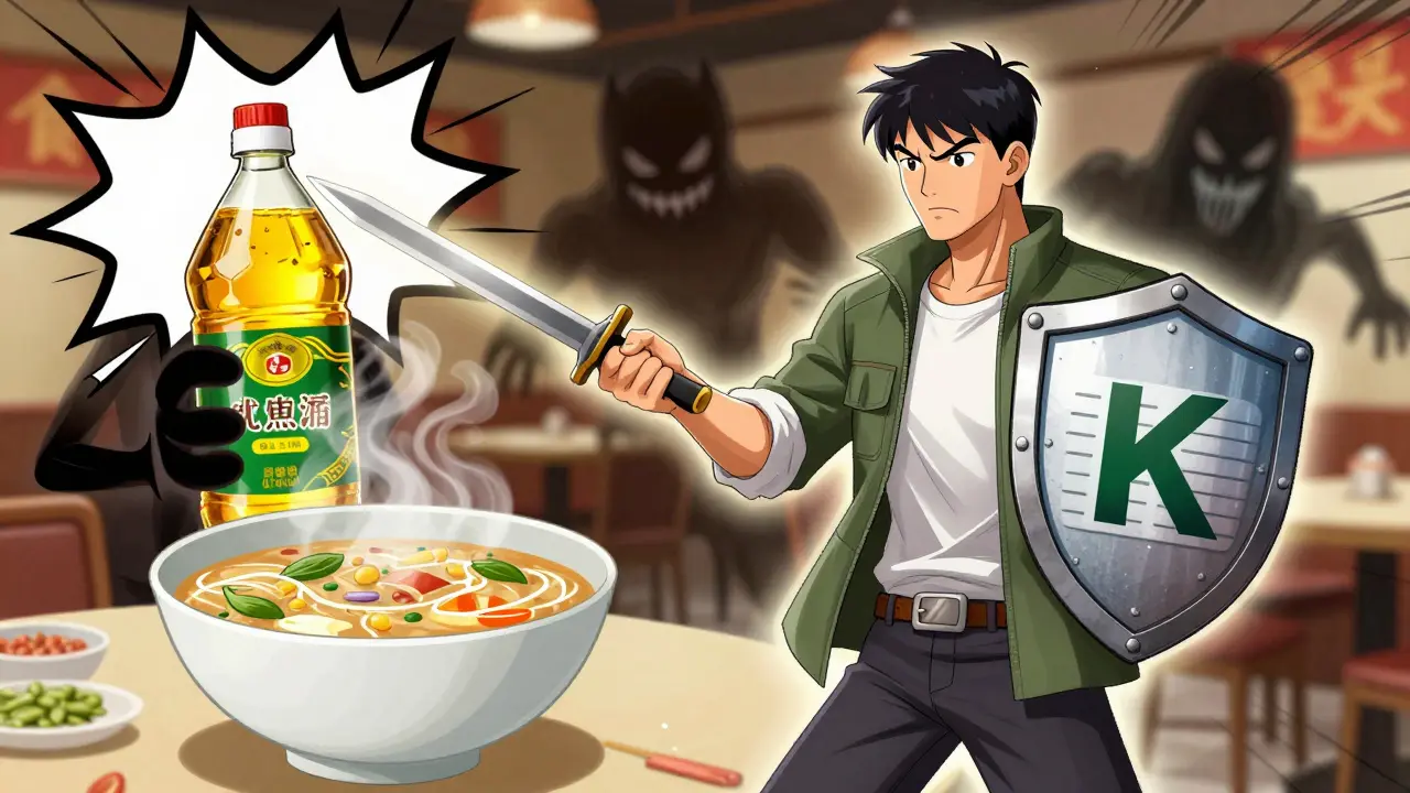 Heroic figure guarding against shadowy soy oil and soup villains in restaurant