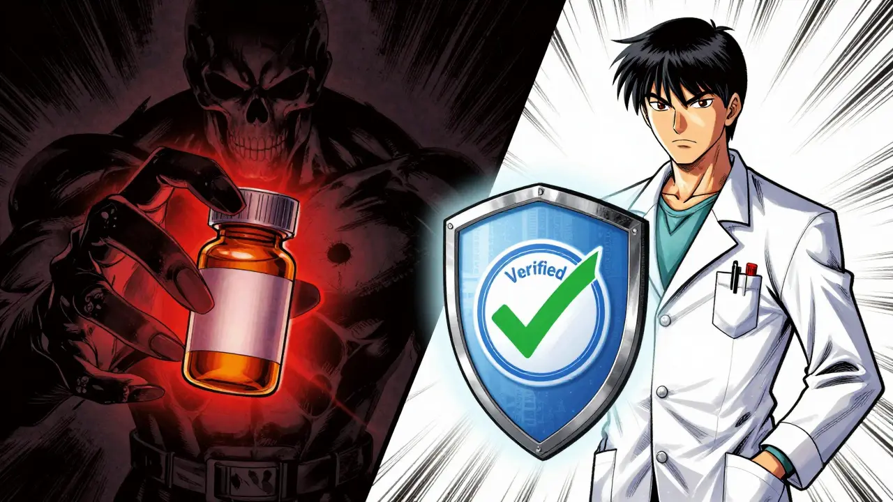 Heroic pharmacist shielding against fake drugs