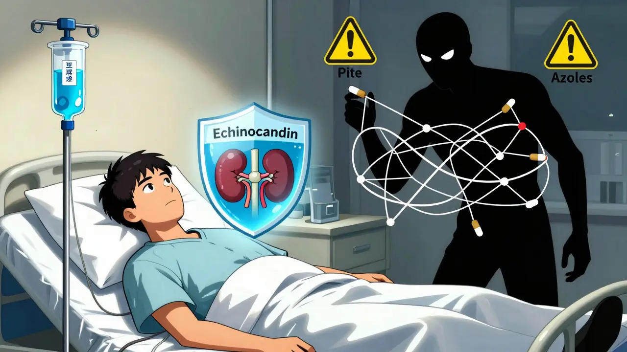 Illustration comparing kidney-safe echinocandins vs interaction-heavy azoles