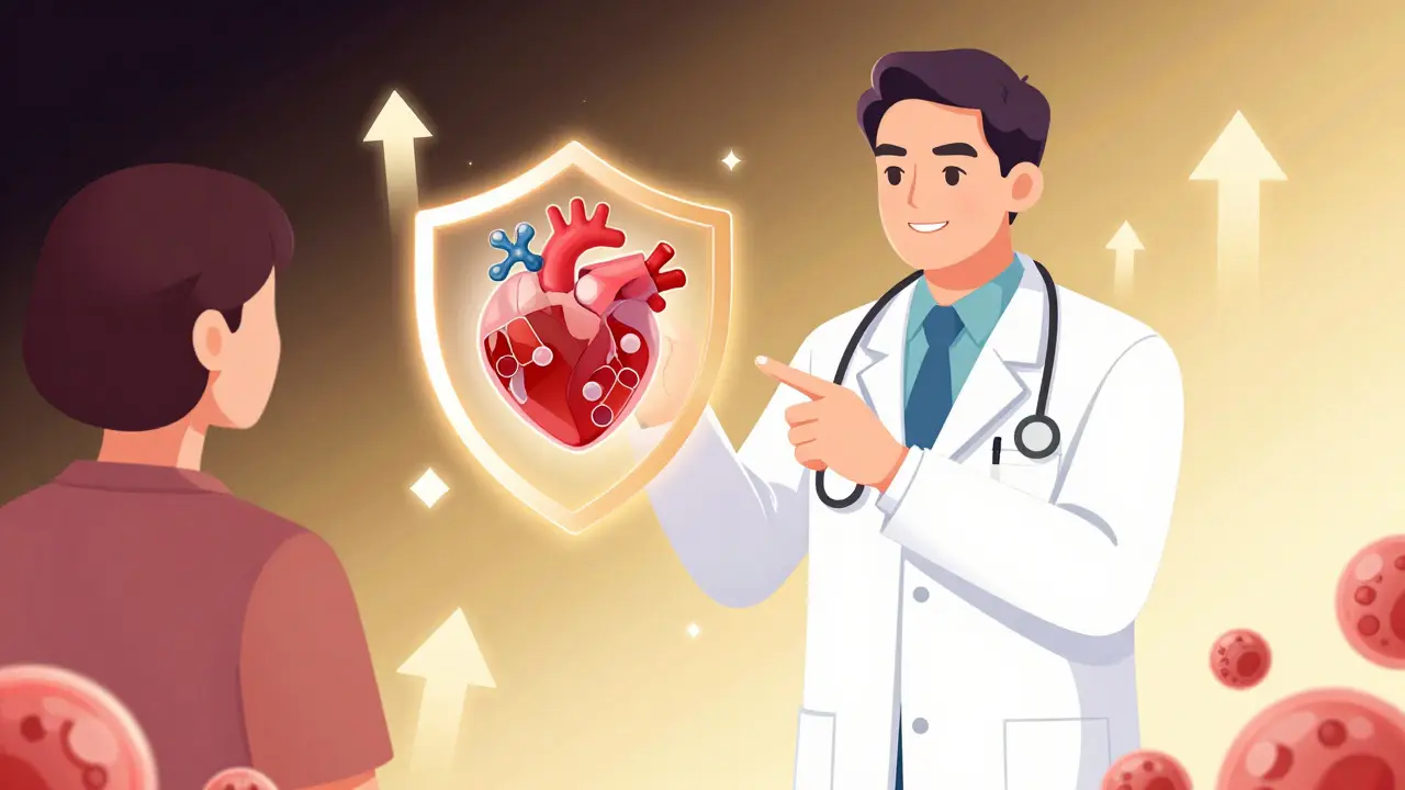 Illustration of doctor explaining statin safety and heart protection benefits.
