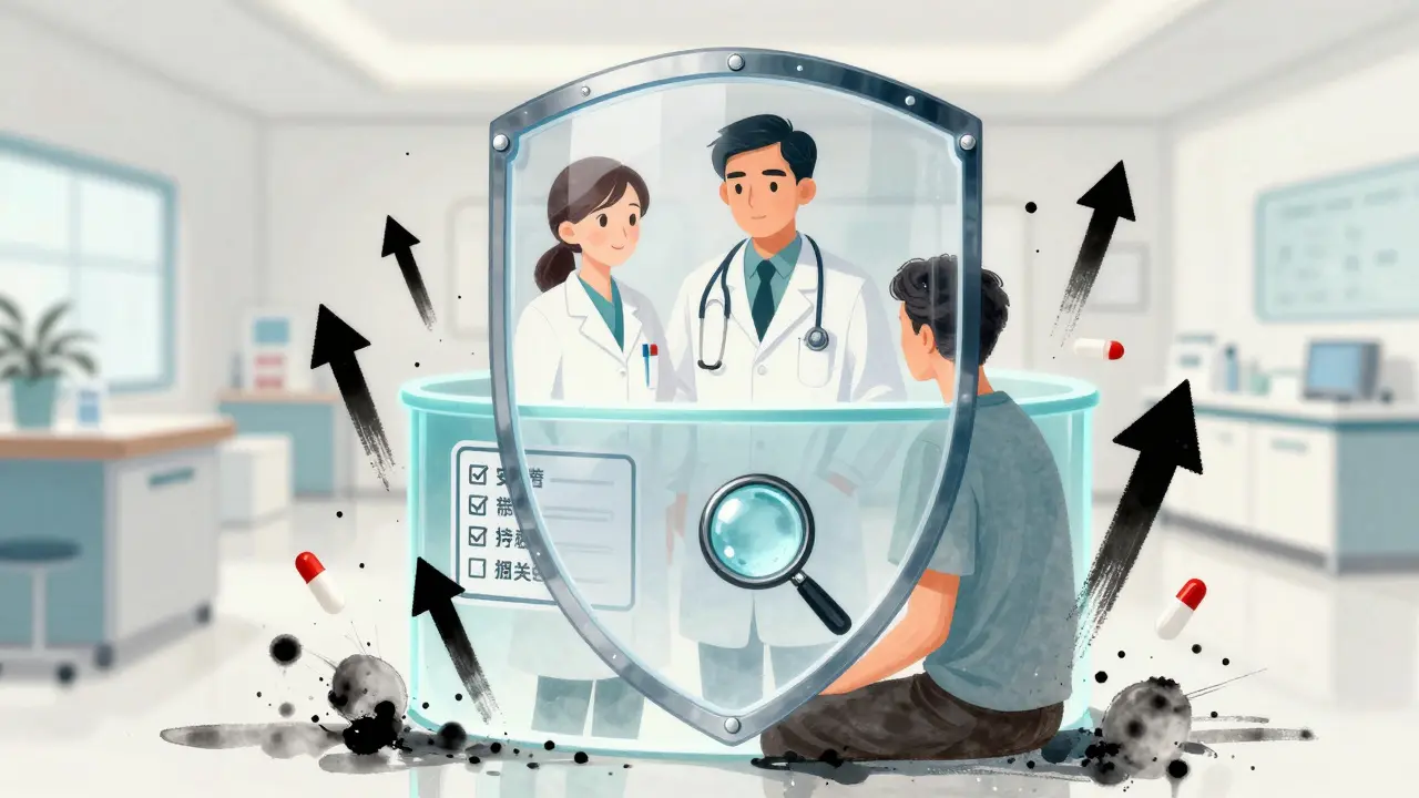 Illustration of doctors protecting a patient from dangerous drug interaction spikes.