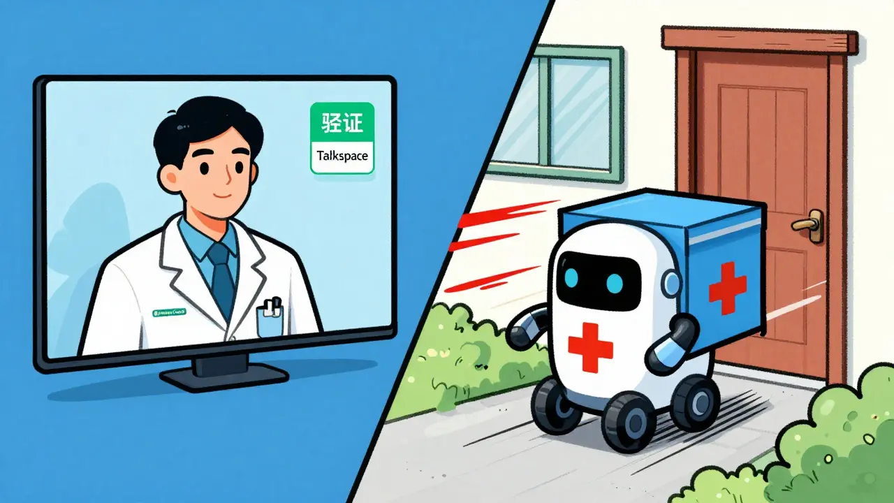 Illustration of video doctor consult leading to home delivery