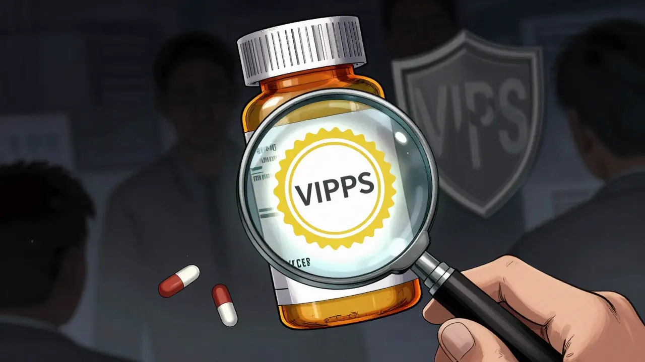 Magnifying glass showing verified pharmacy seal on medicine