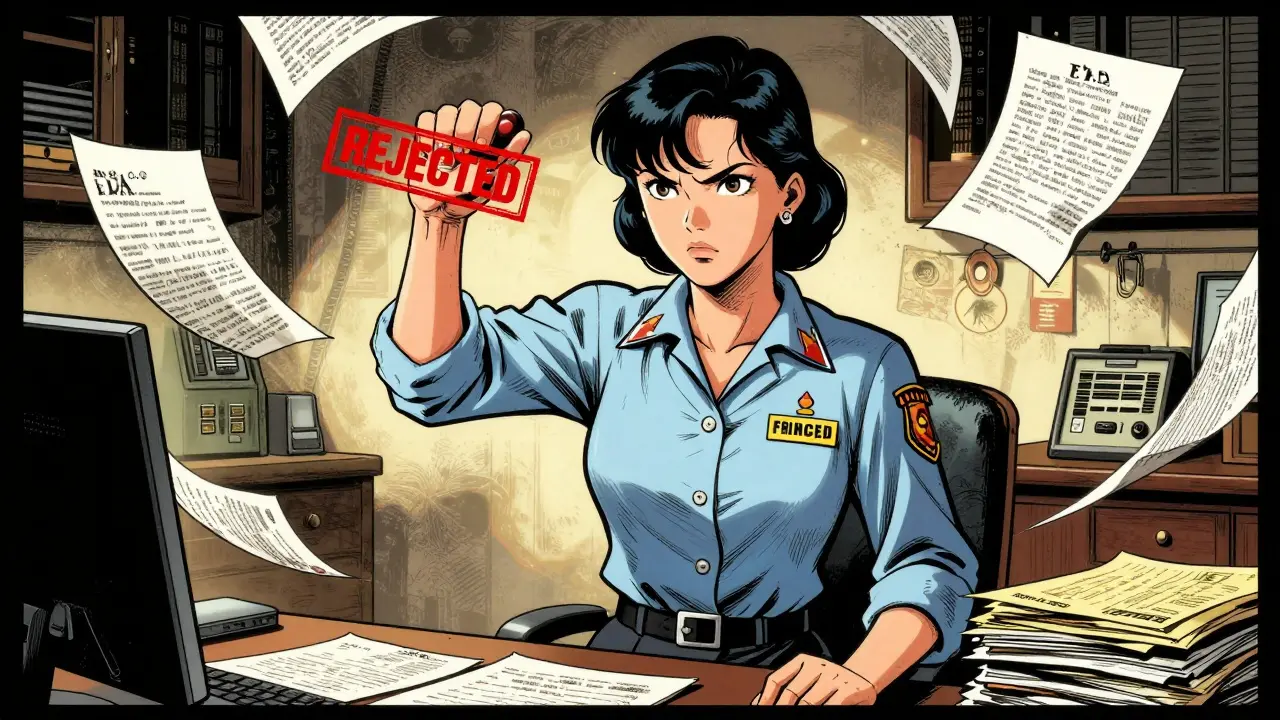Manhua illustration of a determined regulator rejecting a drug application, symbolizing Frances Kelsey's heroic stand.