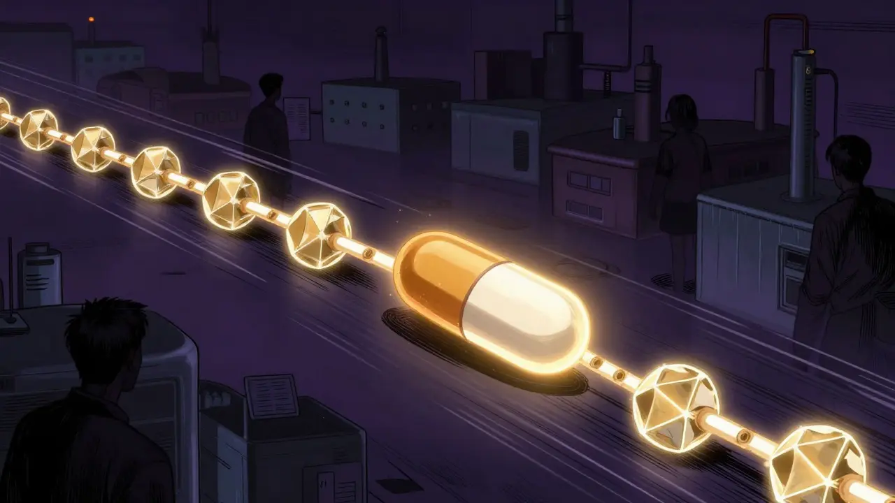Manhua illustration of a pill tracing its path via blockchain for supply chain transparency