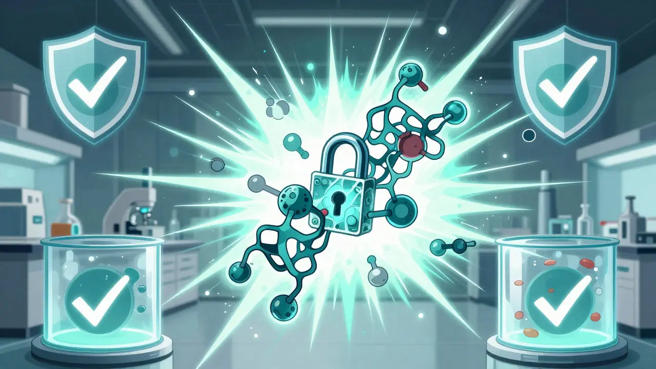 Manhua style depiction of thalidomide molecules in a modern lab, showing safe repurposing for cancer treatment.