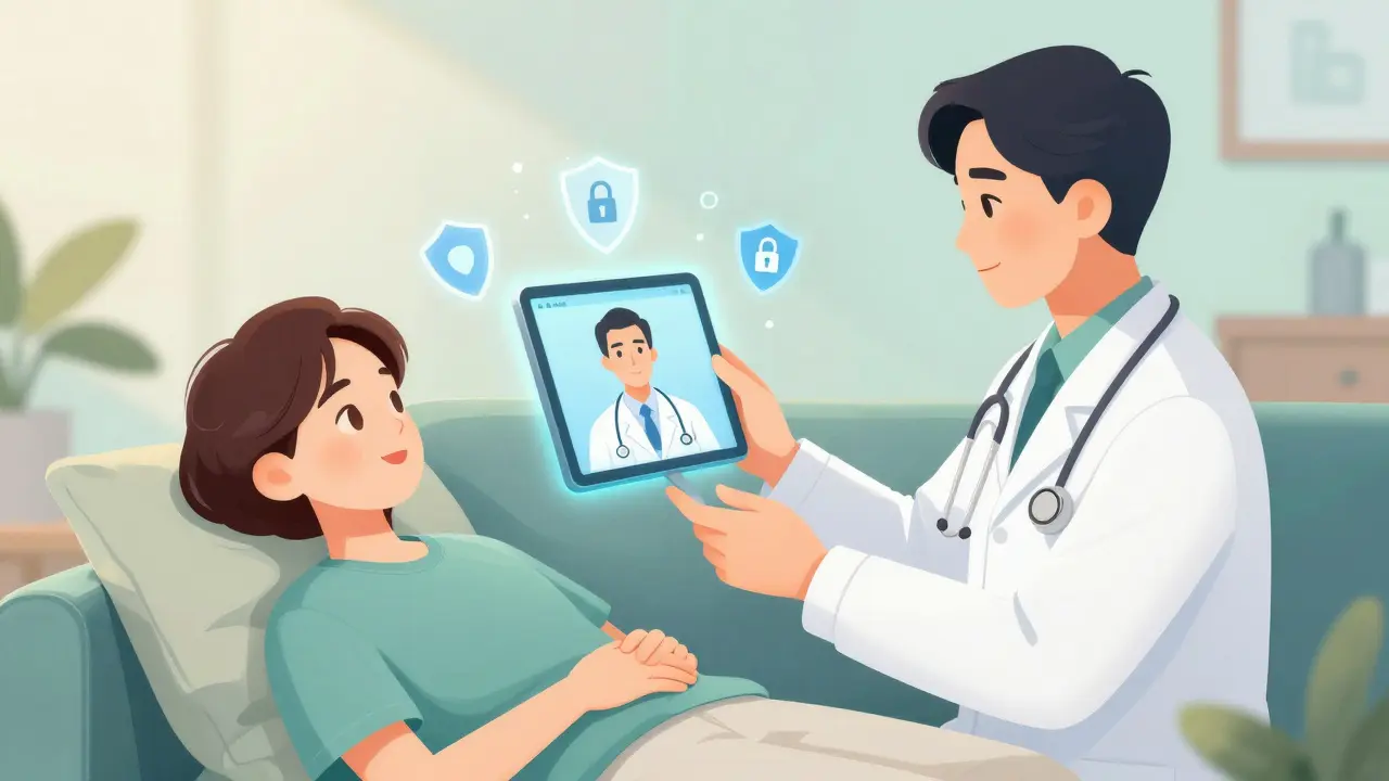Relaxed patient having a telehealth video consult on a tablet