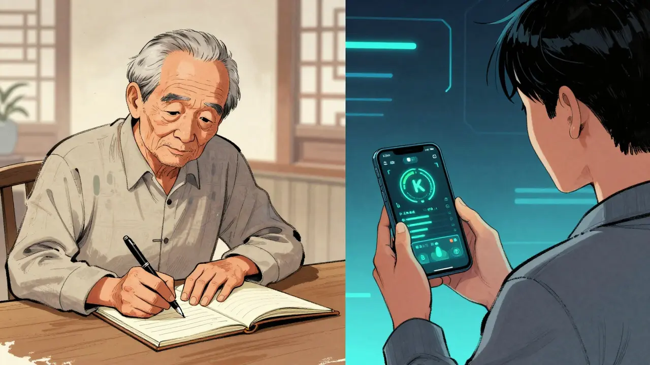 Split screen: elder writing paper diary vs youth using digital tracker app