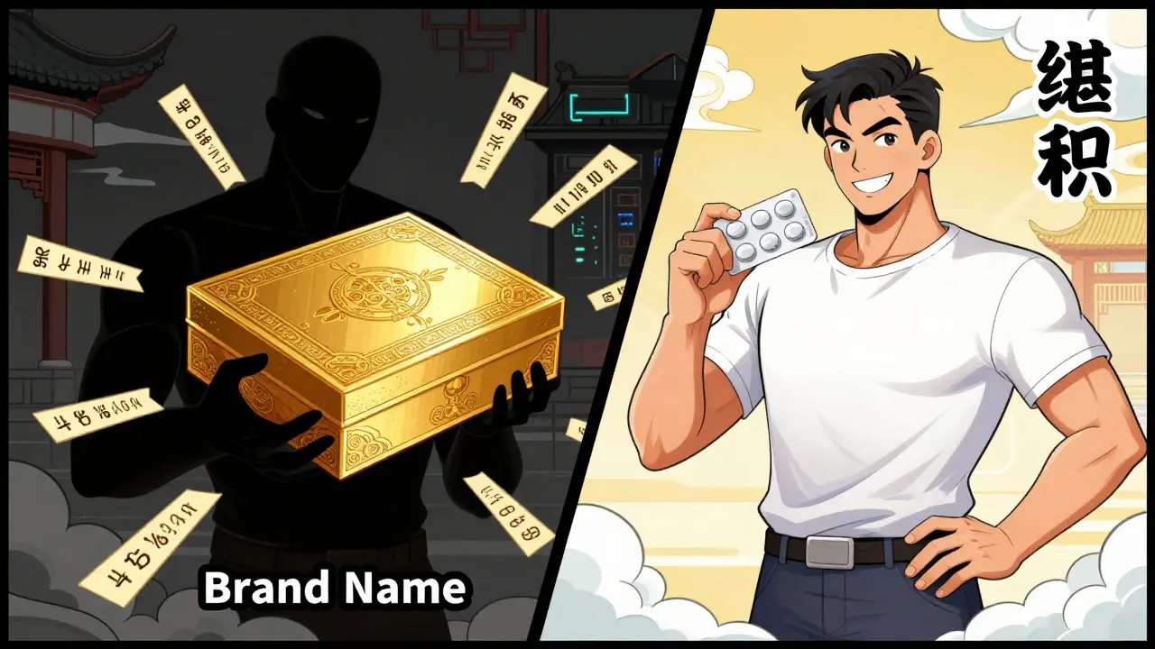 Cartoon comparison showing expensive brand vs affordable generic pills