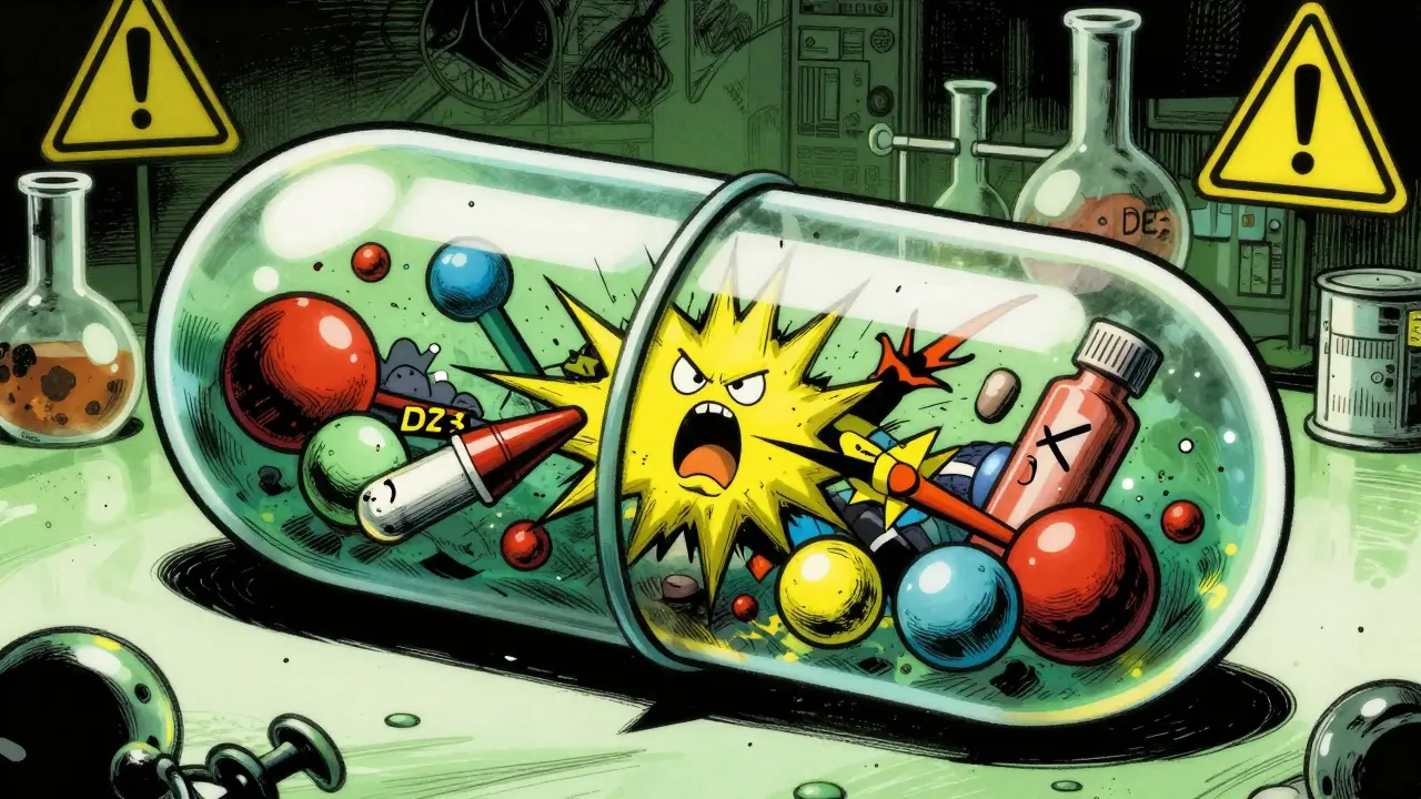 Cartoon illustration showing toxic chemicals clashing inside a pill capsule.