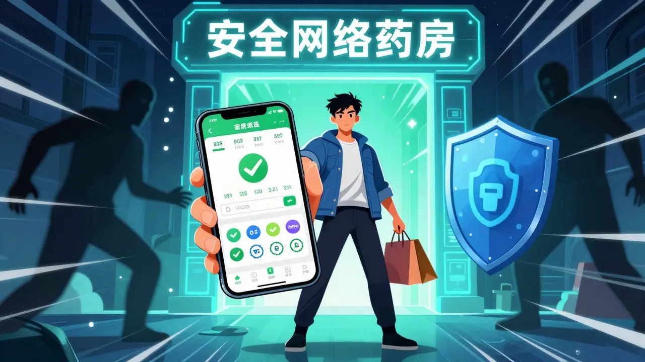 Cartoon of shopper using phone to find safe online pharmacy