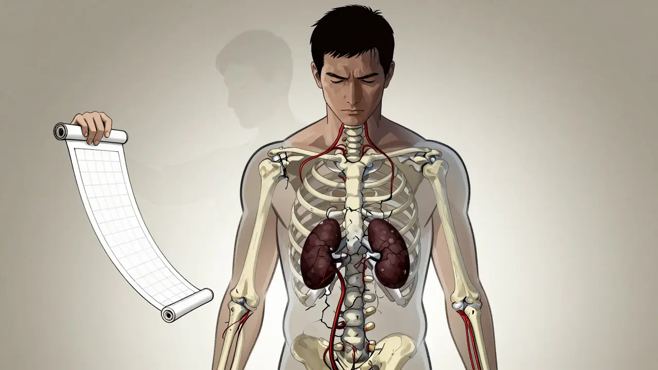 Cartoon showing internal bone and organ damage from long-term steroid use