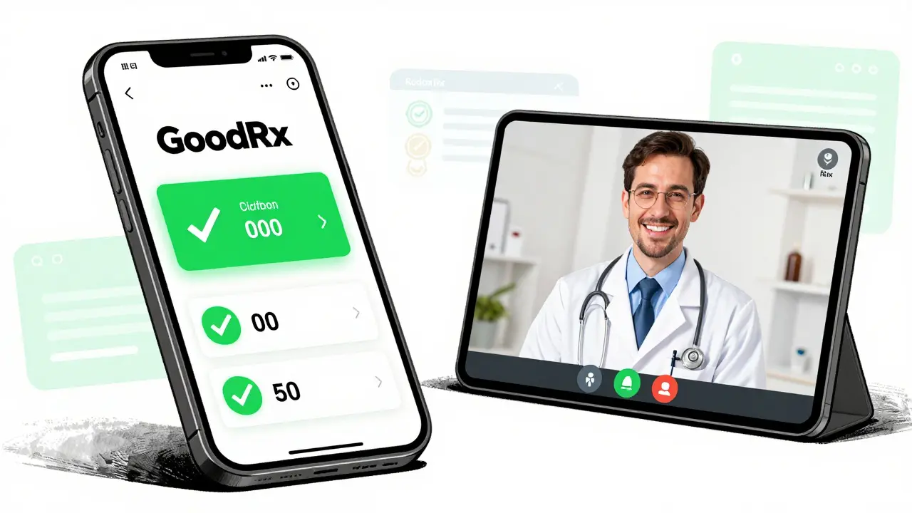 Cartoon showing online pharmacy coupons and telehealth consultation