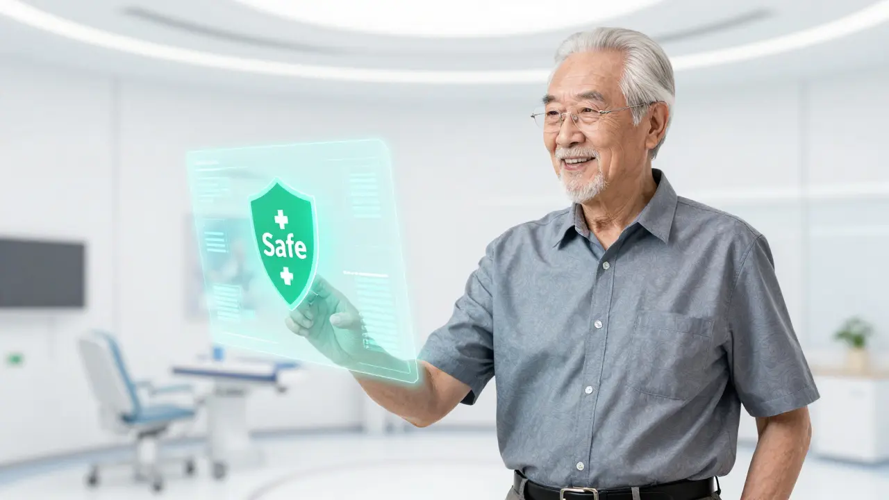 Elderly patient with holographic AI health shield in futuristic clinic, Chinese comic