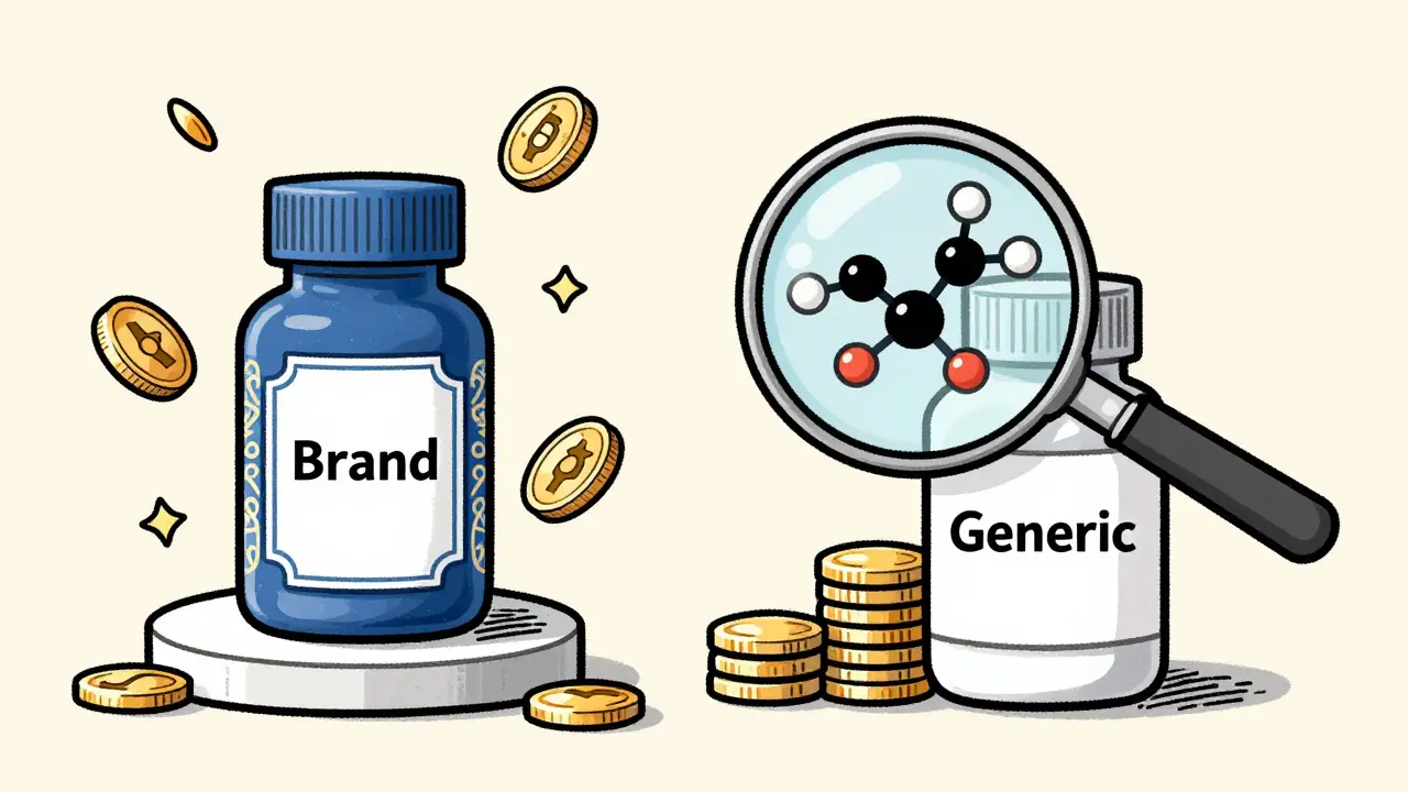 Illustration comparing expensive brand vs cheap generic medicine