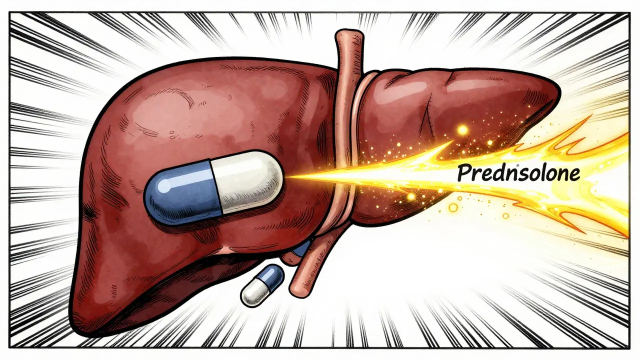 Illustration comparing prednisone conversion vs active prednisolone in liver
